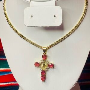 Gold and Pink Gemstone Cross Necklace